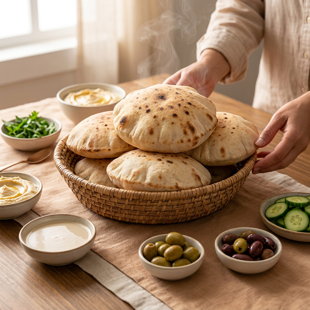 Baladi bread served alongside a family meal spread