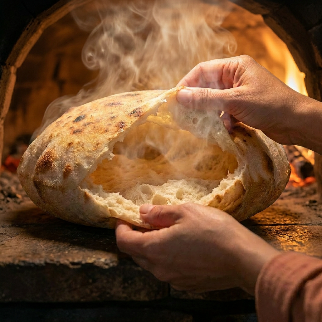 Warm baladi flatbread fresh from the oven